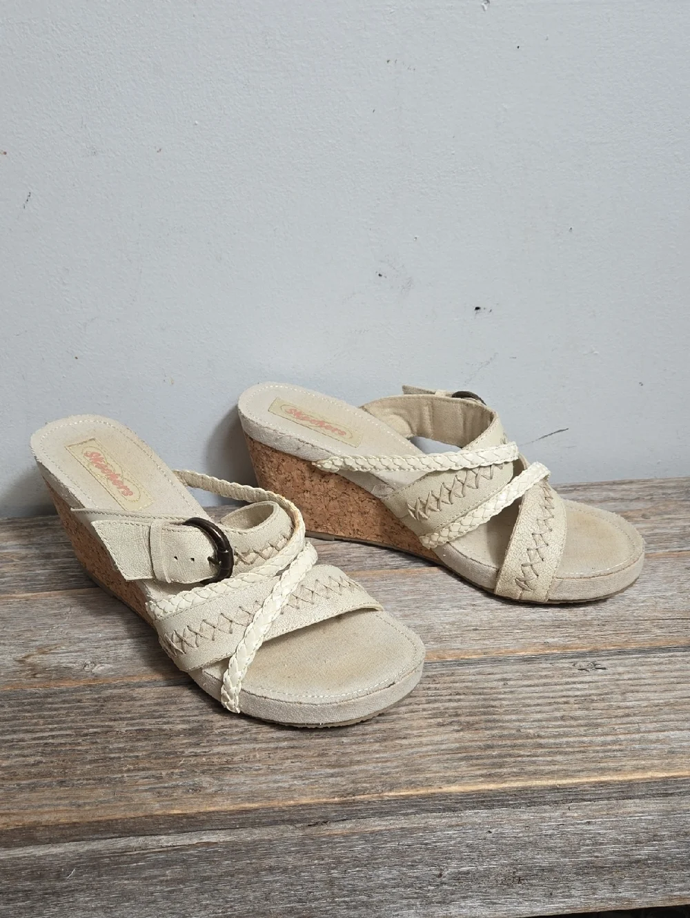 Skechers Y2K Vintage Cream Beige Cork Wedge Sandals
